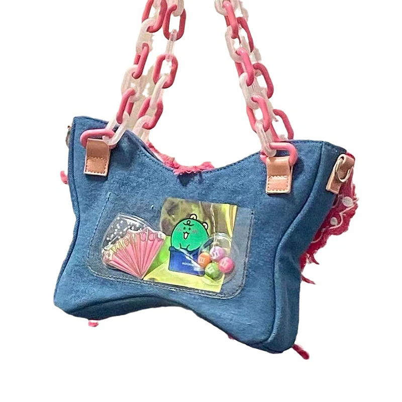 Original Handbag Denim Butterfly Contrast Color Design Shoulder Bag Women Armpit Bag Irregular Acrylic Chain Girls Crossbody Bag