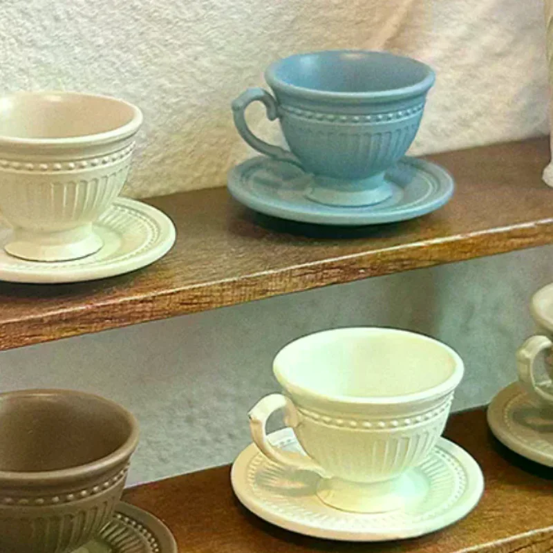 

2Pcs Dollhouse Miniature Dining Ware Mini Vertical Pattern Coffee Cup Plate Set Toy Model Doll House Accessories