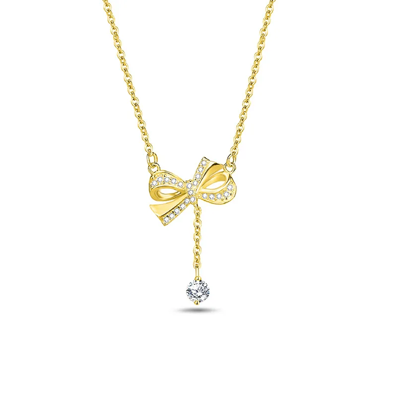 

S925 Silver Bow Clavicle Chain Necklace Zircon Tassel Female Light Luxury Korean Minority Design Cute Type Small Fragrance Gift