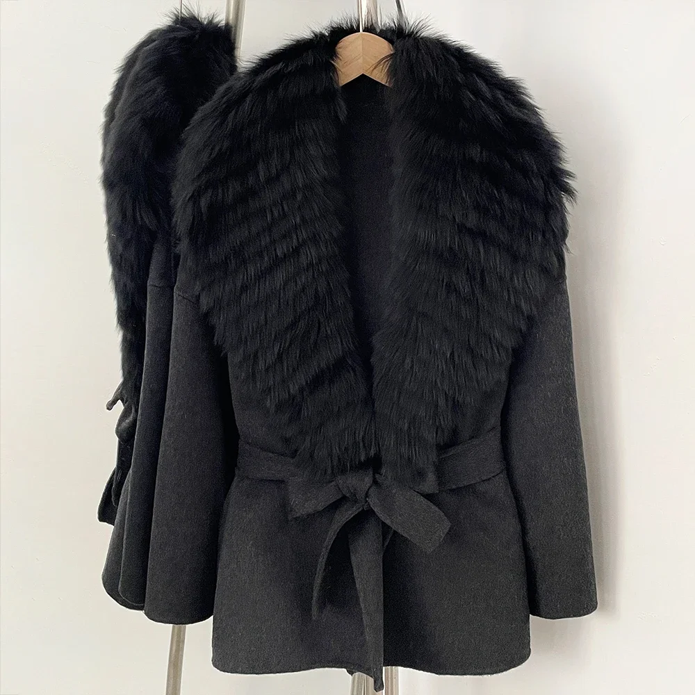 OFTBUY Neuer Damen Kurzmantel aus 100% Wolle Luxuriöse Winteroberbekleidung Übergroßer Echter Fuchspelzkragen Gürtel-Wickeljacke für Damen – Detail 13