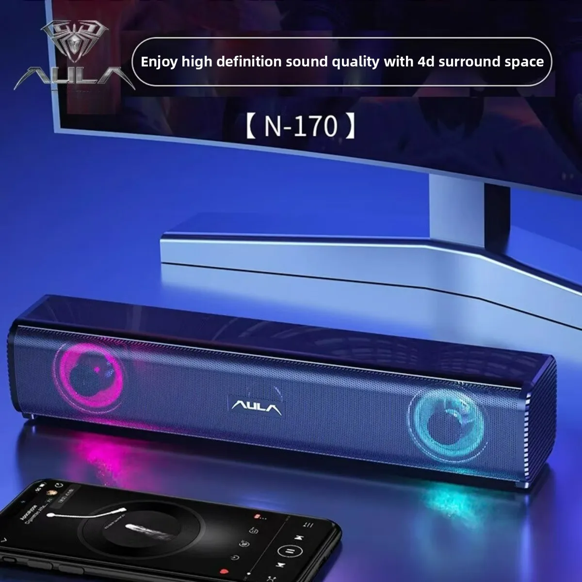 

AULA N-170 Soundbar Wired RGB Illuminated Computer Speaker with Powerful Subwoofer for PC TV 4D Surround Sound USB Multimedia
