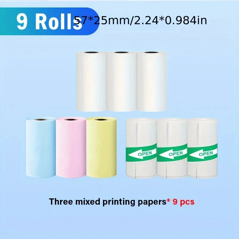 9 Rolls Mini Thermal Label Sticker Colorful Adhesive Self-adhesive Paper Printer Paper for Wireless Photo Inkless Printer 57mm