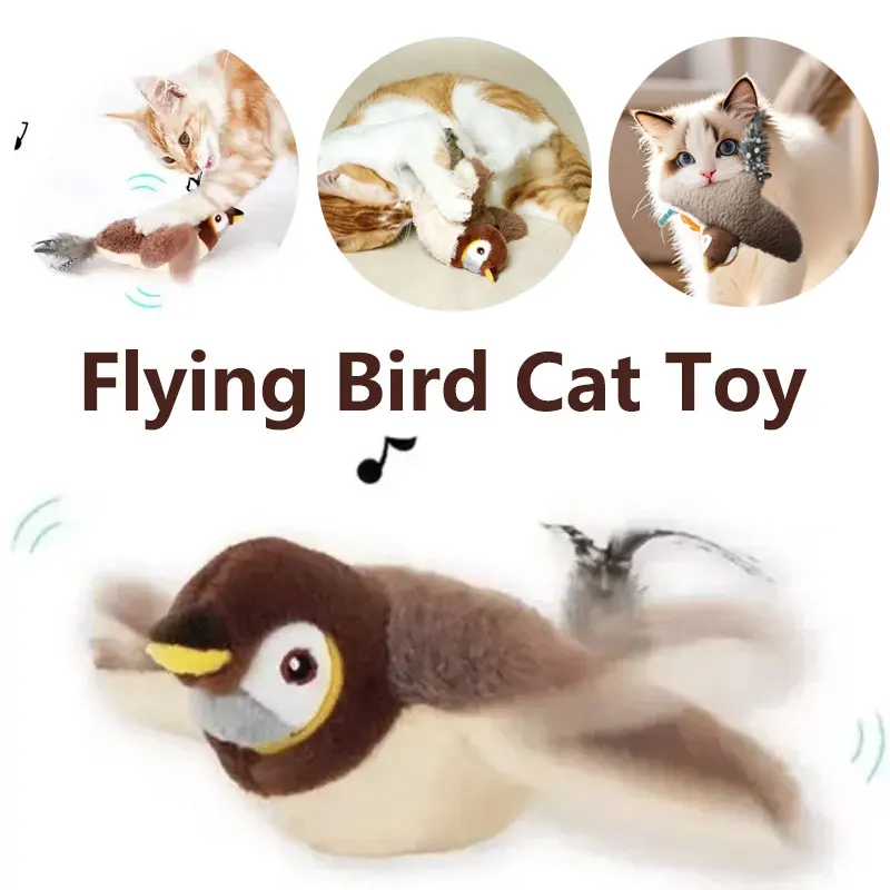 Fliegender Vogel, Katzenspielzeug, interaktives Katzenspielzeug, wiederaufladbar, zwitschender, schlagender Vogel (kein Fliegen), kann Katzenminze-Touch-aktiviertes Plüschtier hinzufügen