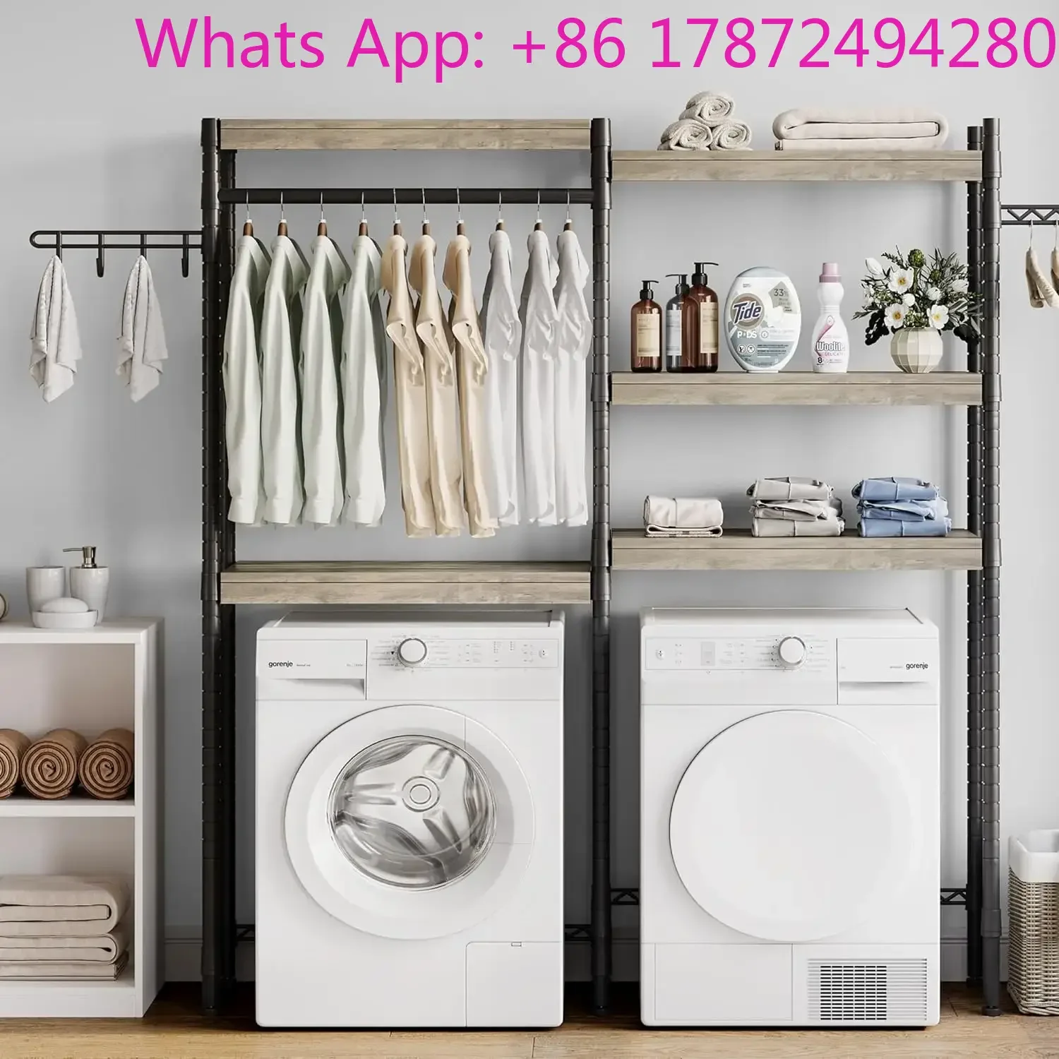 5-tier wood storage shelf for washer/dryer, space-saving laundry room organization with drying racks