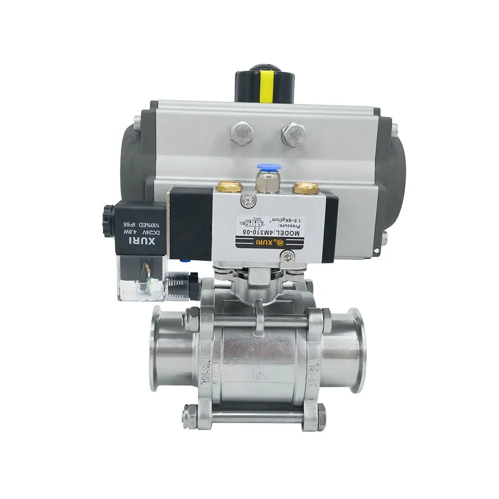 Sanitary Hygienic Stainless Steel SS316L PTFE Seat Pneumatic Full Port 3-piece Ball Valve with Pneumatic Actuator+Solenoid Valve