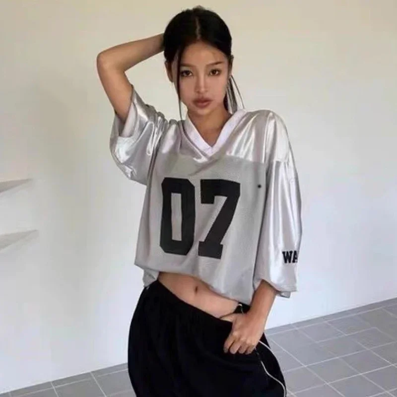 American Streetwear  Basketball Sport Shirt  Women Patchwork Contrast Color V-neck Short Sleeve Number Seven Loose Tees Summer