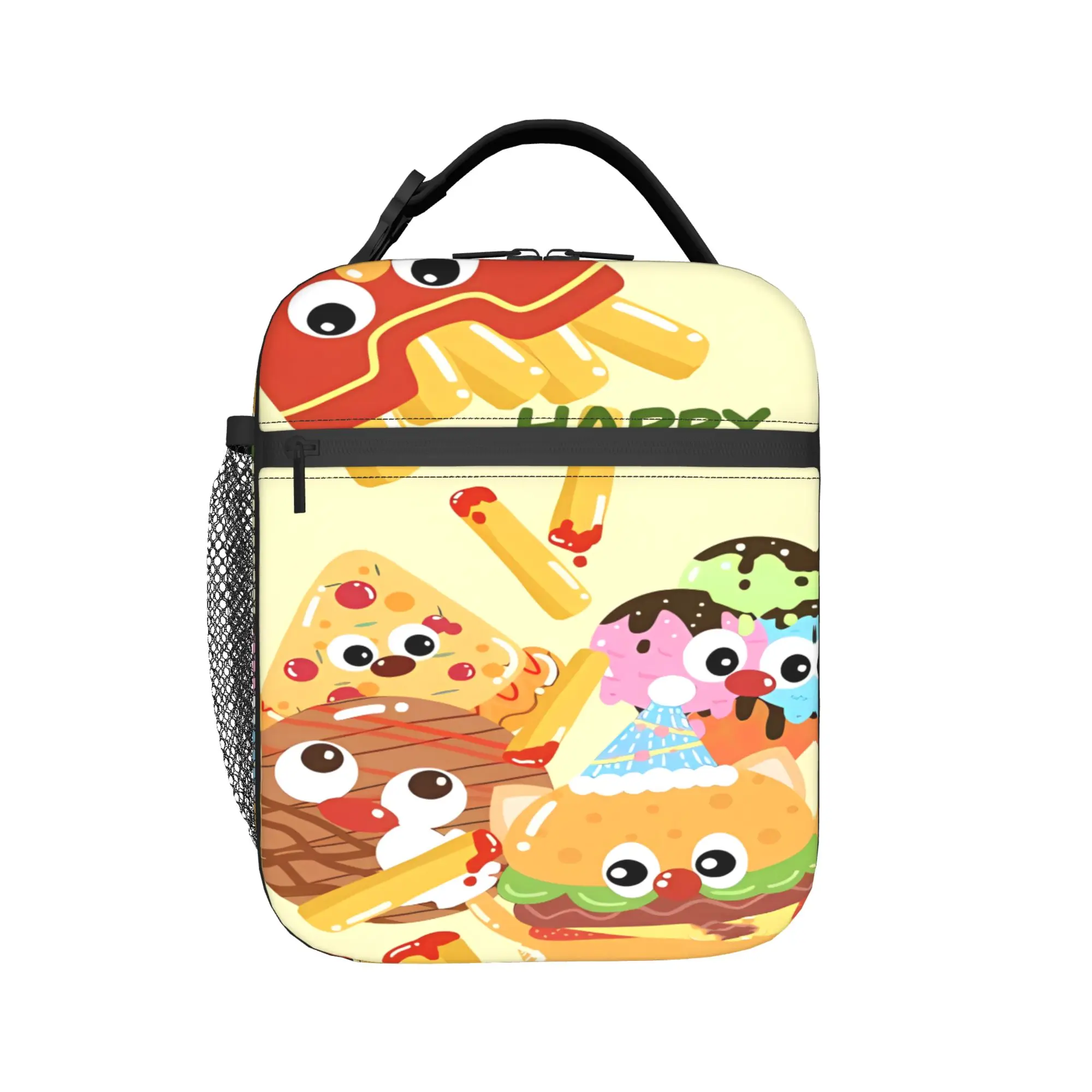 Happy Fries Characters Pattern Lunch Bag  Travel Lunch Box For Child Kawaii Custom Thermal Tote Handbags Portable Cooler Bag