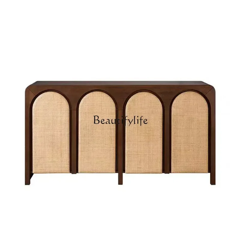 

LXFrench retro dining side cabinet solid wood rattan household storage porch antique arched tea cabinet against the wall