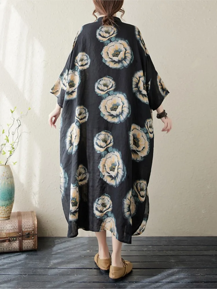 Oversized Summer Midi Shirts Dress Women Floral Print Fashion Irregular Pleated Ruffle Ladies Dresses Loose Casual Woman Dress