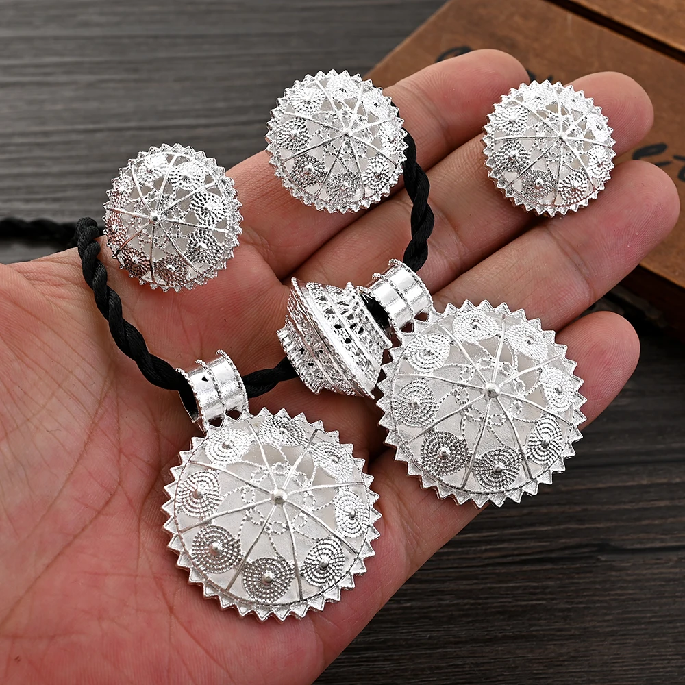 

Ethiopian Silver Plated Bridal Jewelry Sets Necklace Earrings Ring Bangle Gifts Wedding Jewellery Set For Women