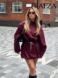 TRAFZA Women's Sets Wine Red Turn-Down Collar Long Sleeves Zipper Jackets+High Waist Pockets Lace-Up Skirt Female Fashion Suits