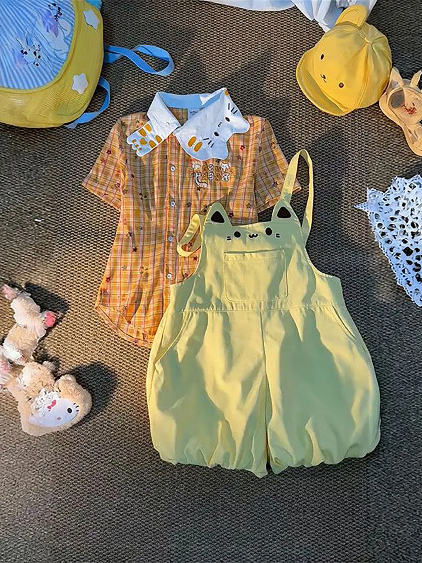 

Summer Floral Print Shirt And Overalls Two-Piece Set Short Sleeve Plaid Style Sweet Girl's Fashion Bloomer Overalls
