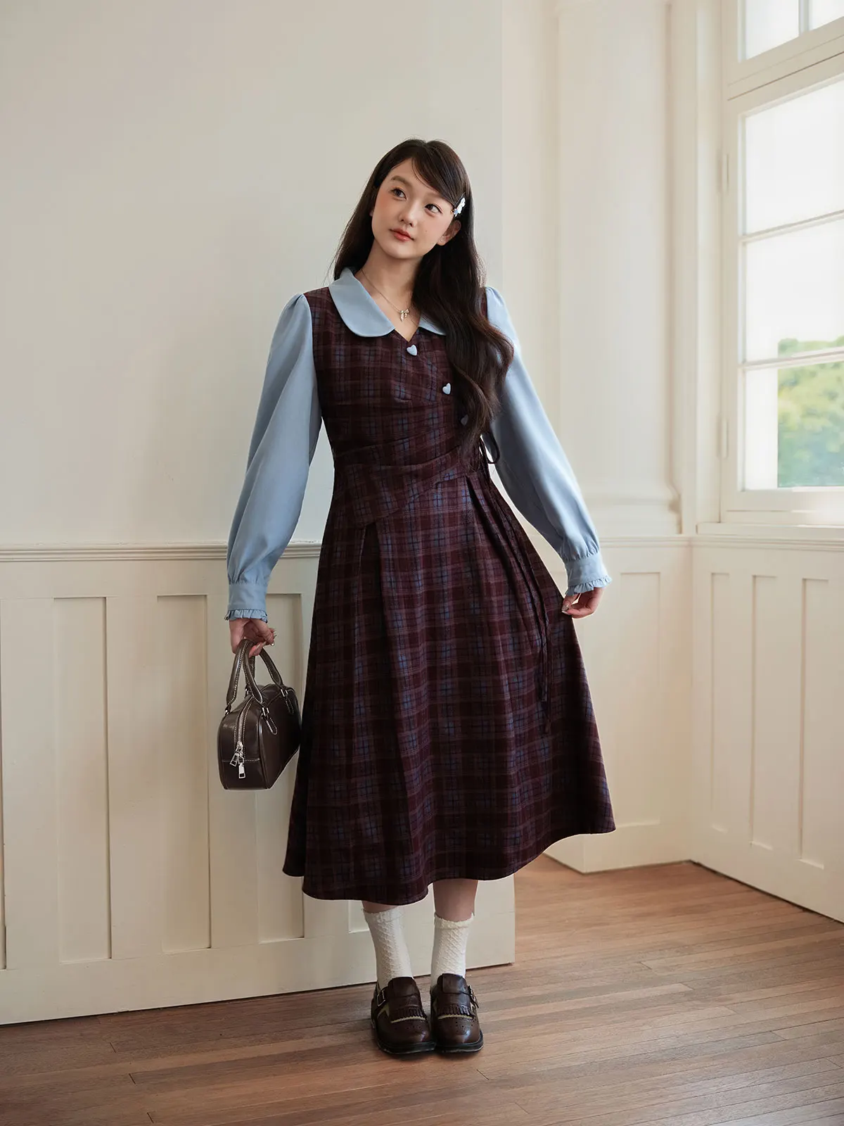 

Женское платье большого размера в клетку, имитация двух частей, с эффектом утяжки талии, А-силуэт, винтажное, с длинным рукавом, цвета винного вина