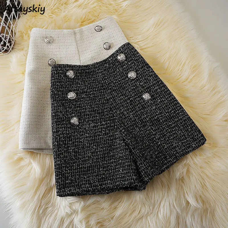 

Woolen Shorts Women Gentle Wide Leg Temper Autumn Button Office Lady Casual All-match French Style Chic Simple High Waist