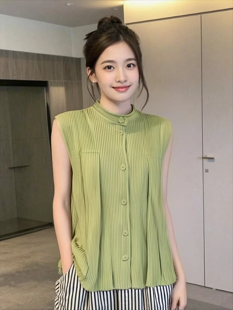 

Miyake Pleated Autumn New Pleated Solid Color Thick Toothpick Pleated Vest Jacket Versatile Loose Large Size Single Breasted Top