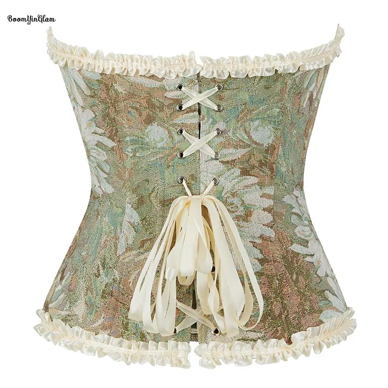 12 Fish Bones Suppored Floral Embroidered Lace Trmmer Boned Vintage Corselet Green Renaissaance Corset