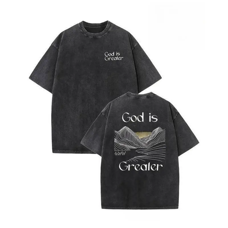 

Unisex God Is Greater T-shirt Men's Women's Washed Vintage Graphic Tee Christian Religion Faith Slogan Top Streetwear
