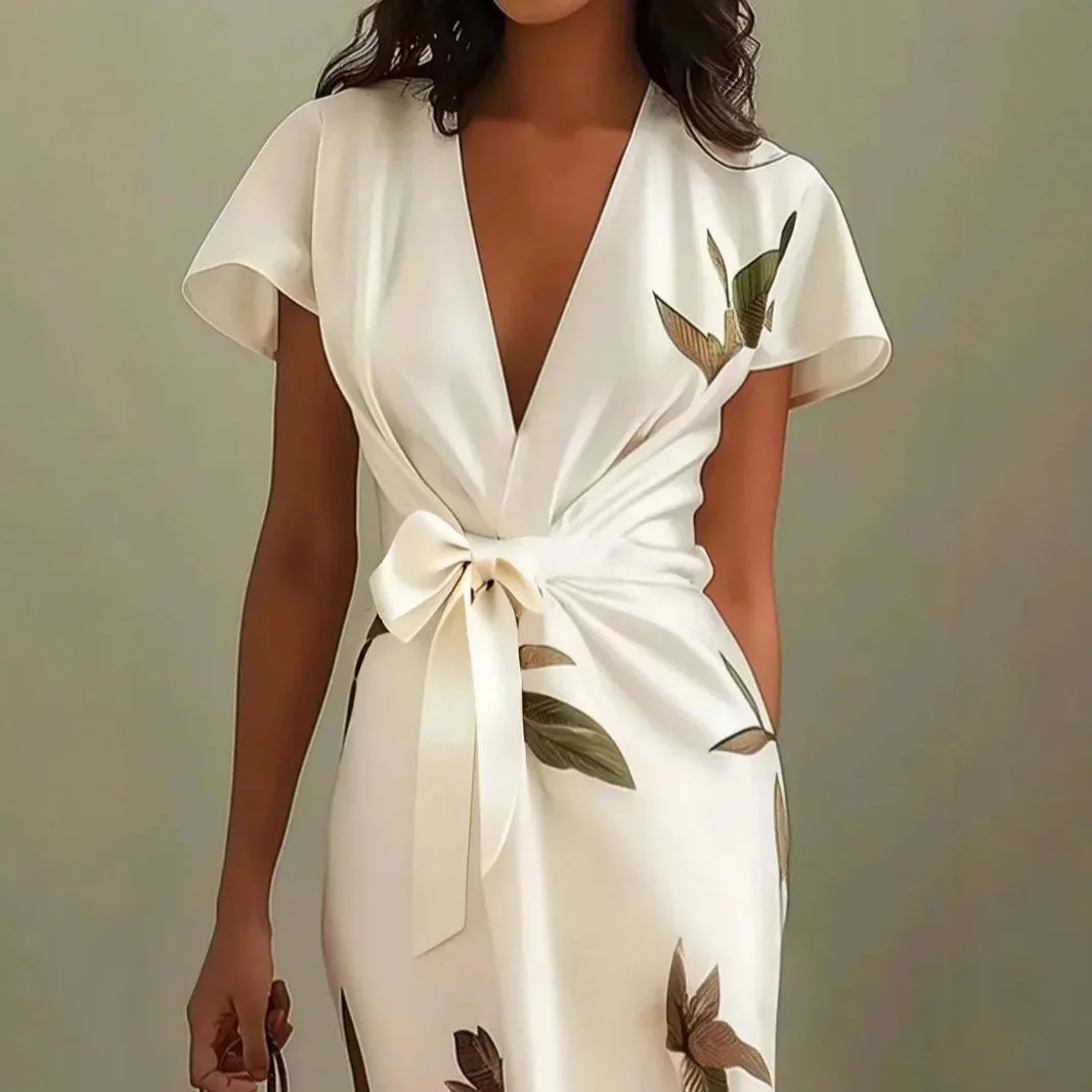 

Fashion Satin Printed Dress Women's Sexy V-Neck Leaf Printed Party Evening Dress 2026 New Summer Split Irregular Prom Gowns