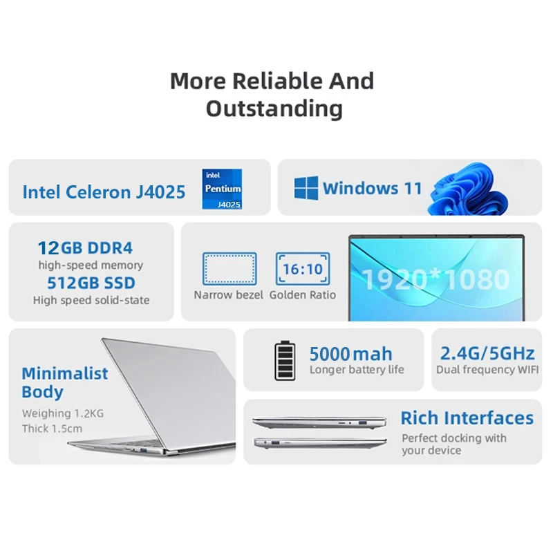 14.1 Inch laptops Intel Celeron J4025 laptop Computer 12GB RAM 512GB 1TB SSD 1920*1080P Office Study PC Computer Windows 11 Pro