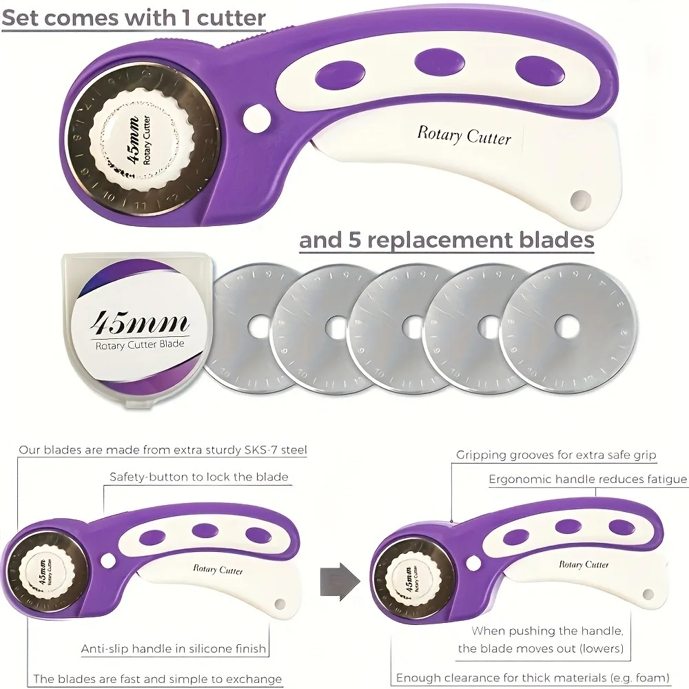 Rotary Cutter Set with A3 Cutting Mat Patchwork Ruler 45mm Cloth Cutter 5 Spare Blades Clips for DIY Sewing Quilting Craft Tools view 5