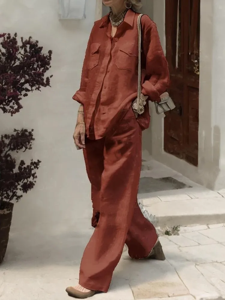 Women Linen And Cotton Two-piece Set, Loose Collared Pants, Pocket Shirt, Wide Legs, Spring And Autumn, 2024