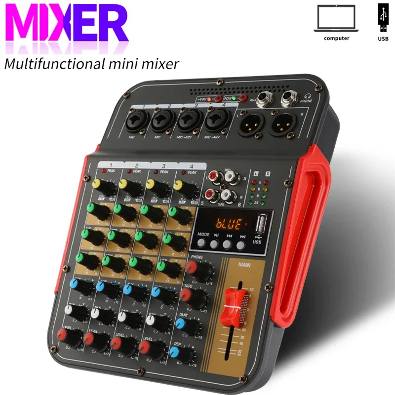 

6-Channel Audio Mixer Outdoor Conference Video USB Bluetooth Reverb Audi-o Recording Processor Sing Live with Sound Card Mixer