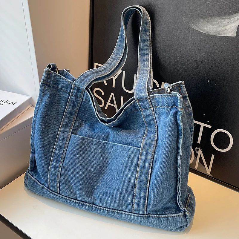 Large Capacity Denim Blue Women\'s Shoulder Bag Solid Color Female Tote Crossbody Bag Shopping Bags Retro College Girls Handbags