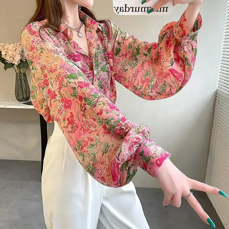 2024 Spring New Fashion Elegant Polo Collar Printed Button Plant&Flowers Loose Chic Long Sleeve Shirts Women's Chiffon Blouses