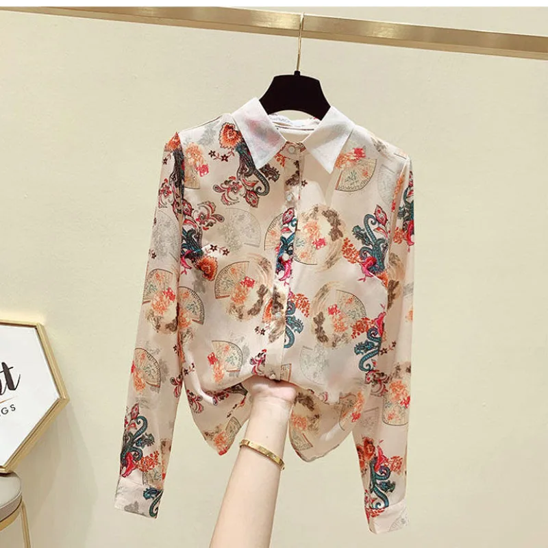 2023 New Spring and Autumn Temperament Mesh Red Top Long Sleeve Fashionable Loose Chiffon Shirt Women's Fashion Casual Shirt