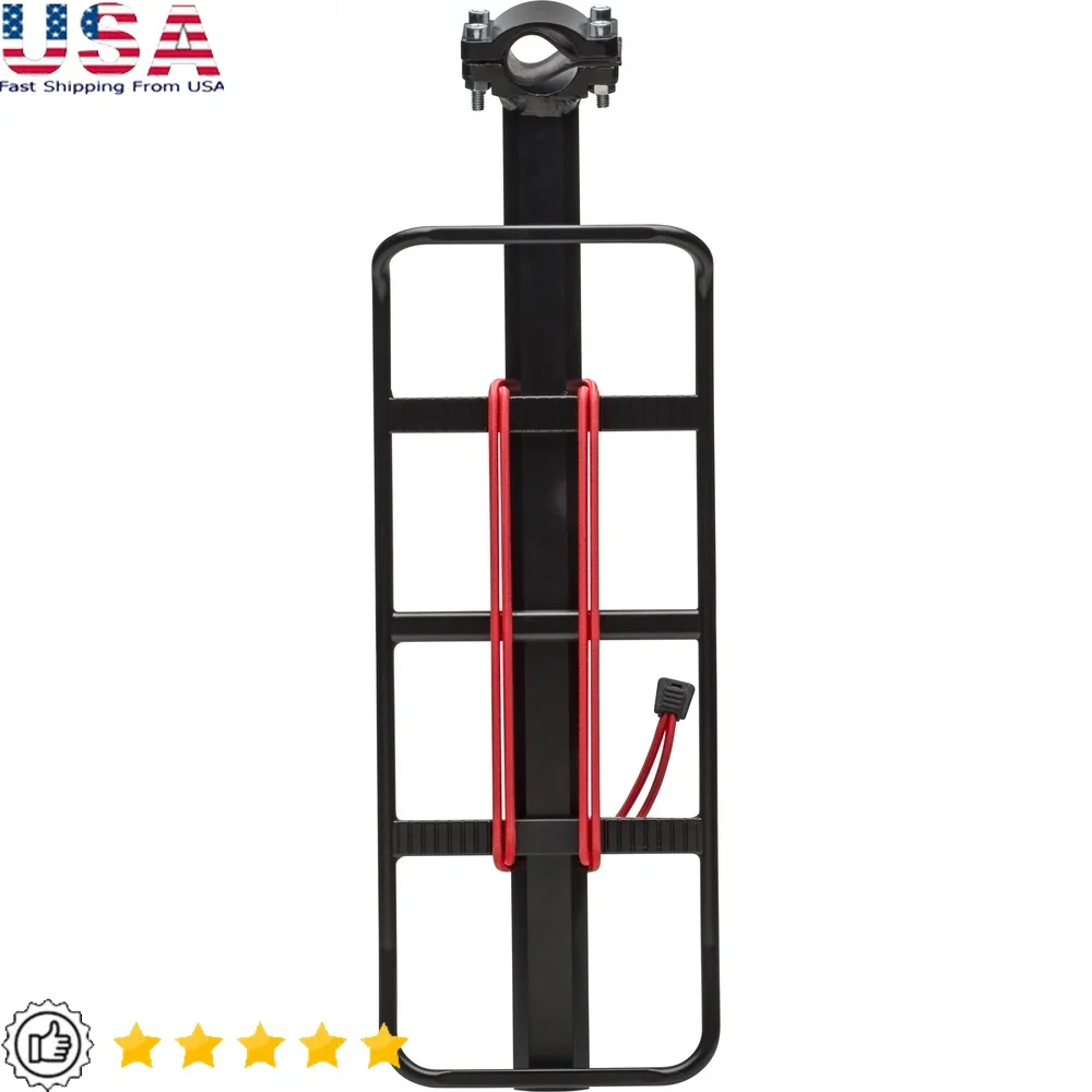 

Lightweight Rear Bike Rack 45 lbs Capacity Adjustable Platform Integrated Bungee Cord Tail Light Easy Installation Fits Most