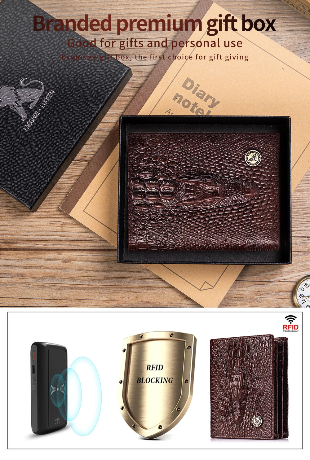 Herren-Geldbörse aus echtem Leder mit Krokodilmuster, Retro-Design, große Kapazität, mehrere Kartenfächer, Fotoalbumfach, Geschenkidee – Detail 5