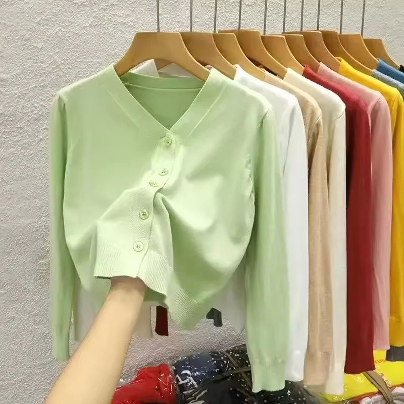 Frühling Herbst Frauen Strickjacke Mantel 2025, Neue Feste V-ausschnitt einreiher Gestrickte Pullover Kurze Jacke Oberbekleidung Weibliche Top