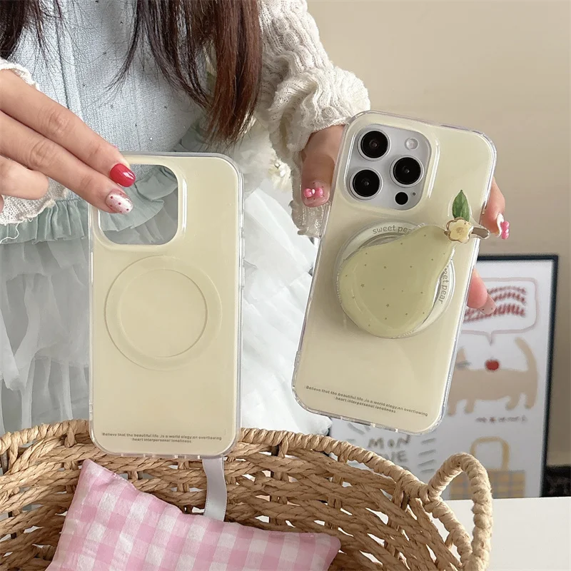 

Cute Yellow Pear Magnetic Stand Holder Phone Case For iPhone 16 Pro 15 14 13 Pro Max 16 Promax 15Pro Cover Cases for Magsafe
