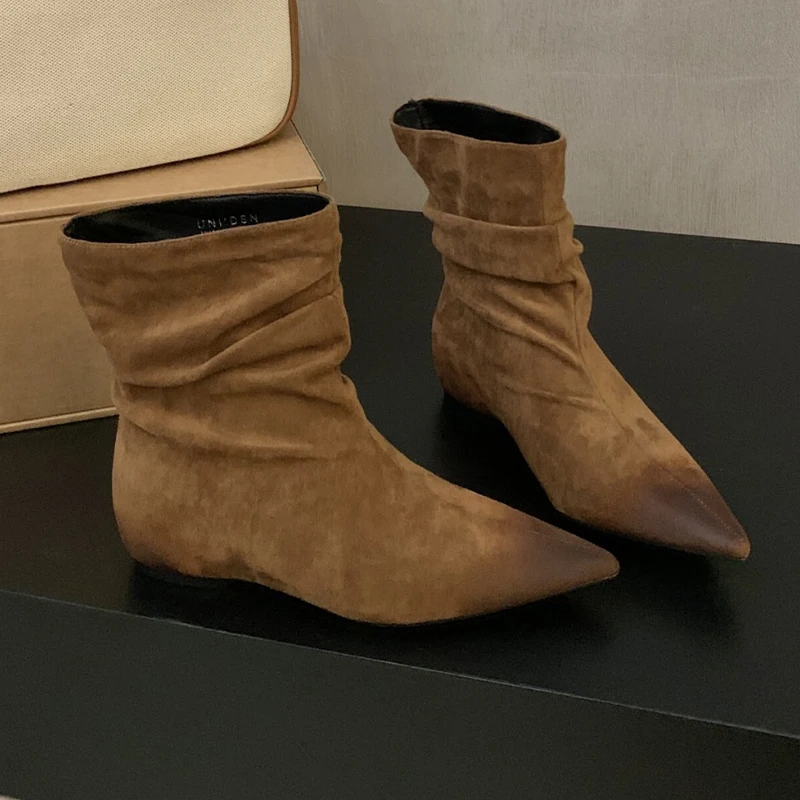 

Flats Women's Ankle Boots Suede Pointed Toe Fashion Shoes Luxury Woman Winter Short Boots 2025 Sexy New Cozy Botas Femme Zapatos