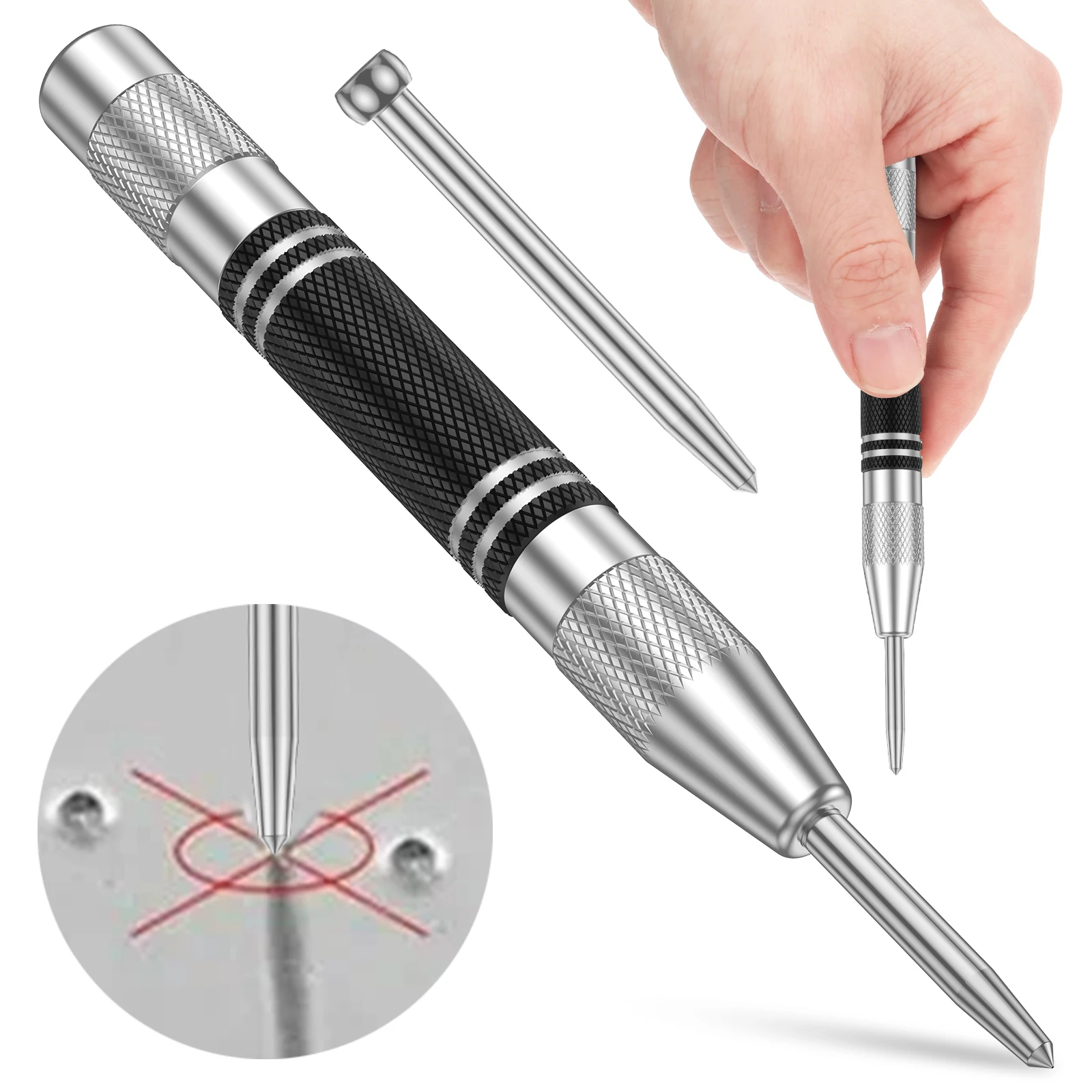 5inch Automatic Center Punch Premium Steel Spring Loaded Center Hole Punch, Adjustable Spring Impact Center Marker Scriber Tool