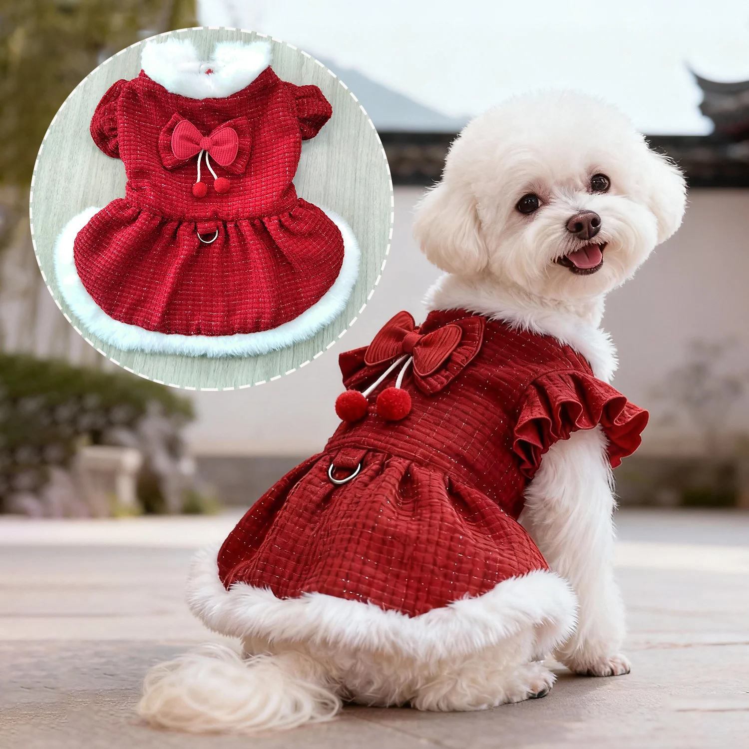 

Новое платье для маленьких собак 2026 года: твидовое с бантом и помпонами, с рюшами на рукавах и кольцом для поводка, элегантное, на каждый день