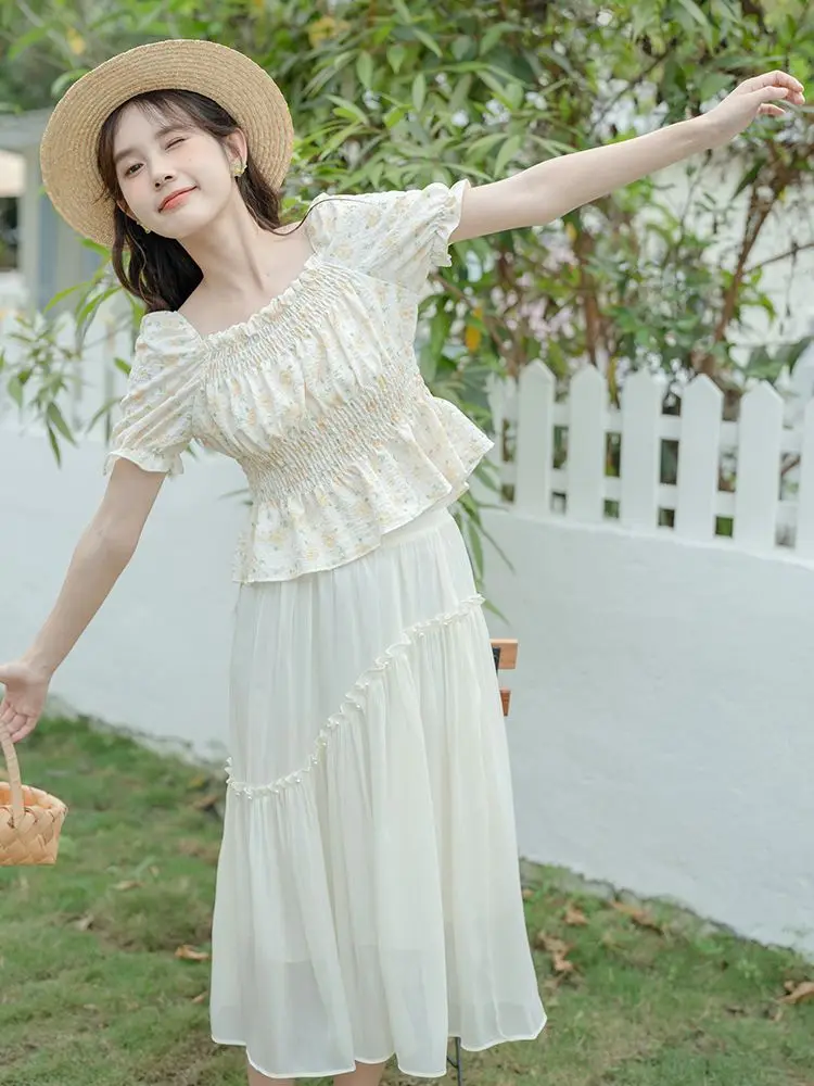 Blouses Women Prairie Chic Simple Folds Korean Style Leisure Print Summer 4 Colors Design All-match Fashion Puff Sleeve Soft New