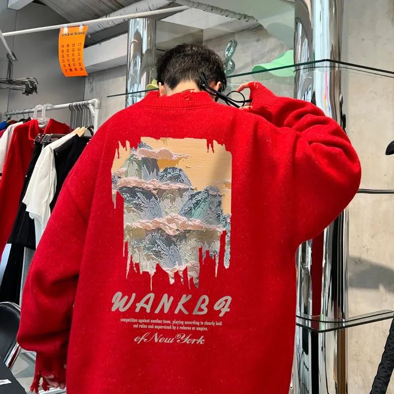 

Мужской свитер свободного кроя с круглым вырезом, вязаный, в американском ретро-стиле с принтом, весна-осень, новинка, повседневная одежда, комфортный