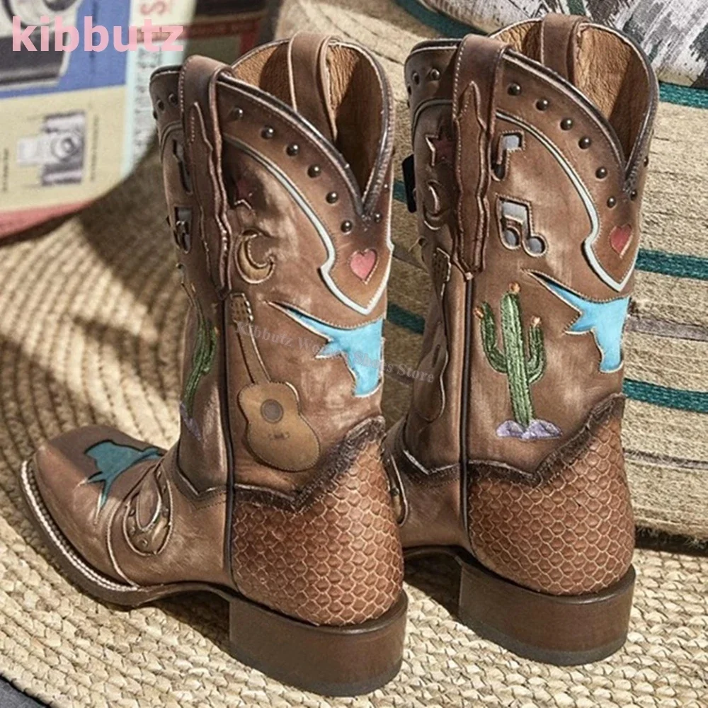 

Graffitis Embroidered Boots Knee High Western Cowboy Square Toe Chunky Heels Slip-On Genuine Leather Fashion Novelty Sexy Shoes