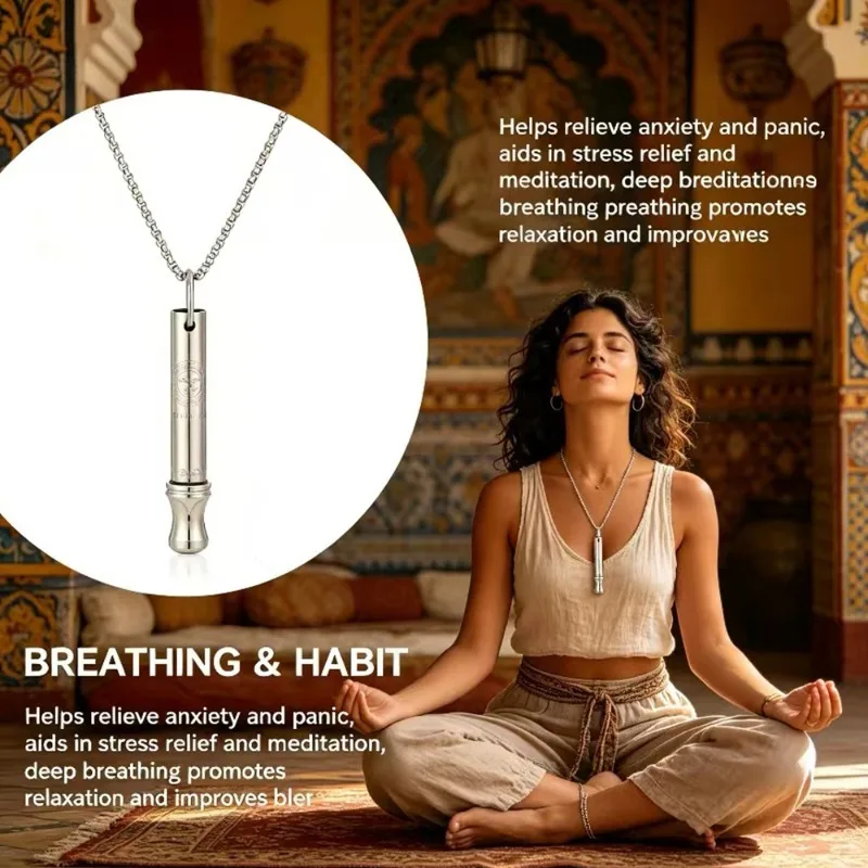 528Hz Meditation Breathing Whistle Necklace, Mindfulness Round Tube Pendant Relieve Anxiety Help Relax Adjust Breathing Habits