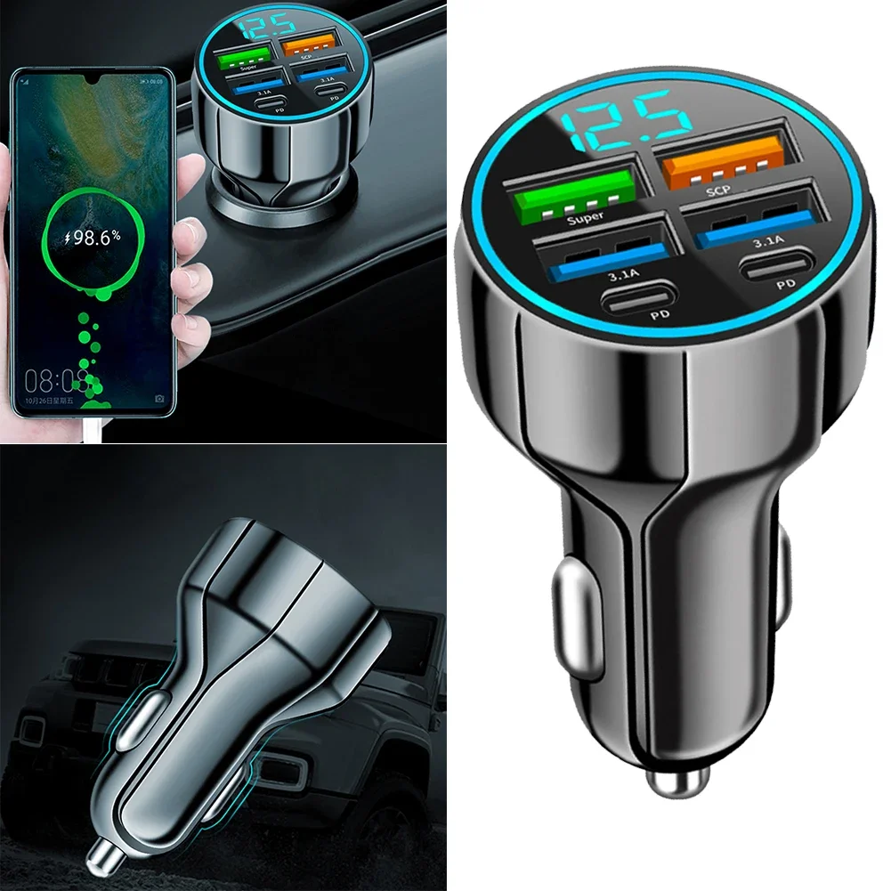 Car Usage Travel Charging 6-in-1 Car Charger Multi-Port Car Charger PC Material Construction Charging Up To Six Devices