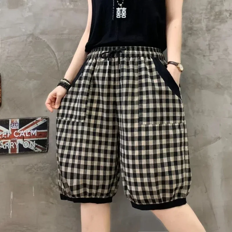 Korean All-match Elastic High Waisted Plaid Pockets Striped Contrasting  Women's Clothing Knee Length Bloomers Shorts XT1402