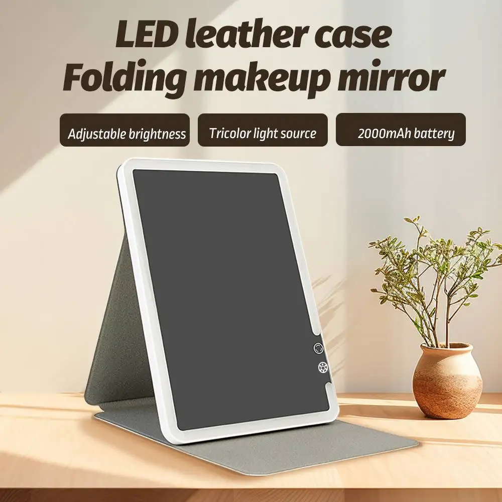 Makeup Mirror Foldable Portable 3 Color Dimmable Lighting Rechargeable Tabletop Folding Vanity Cosmetic Mirror Desktop Mirrors