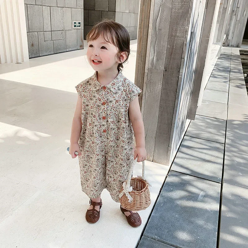 

2024 Summer Girls Jumpsuit Korean Version Of Cotton Baby Long Romper Middle And Small Children'S Casual Sleeveless Clothing