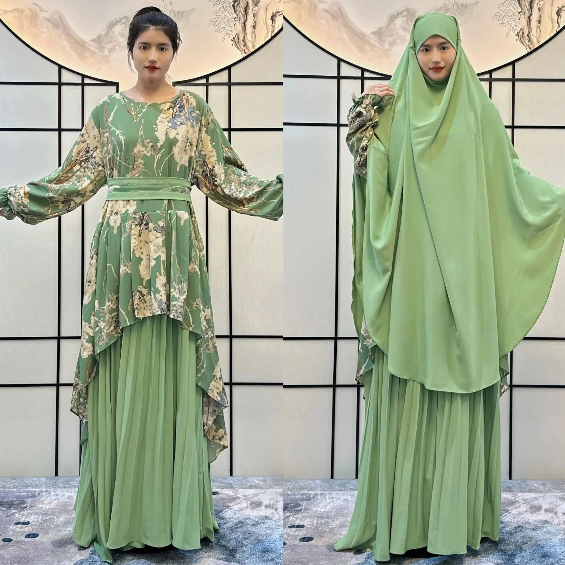 Eid Jalabiya 2 Piece Set Muslim Women Hijab Dress Prayer Garment Abaya Long Khimar Ramadan Arab Gown Abayas Islam Clothes Robe