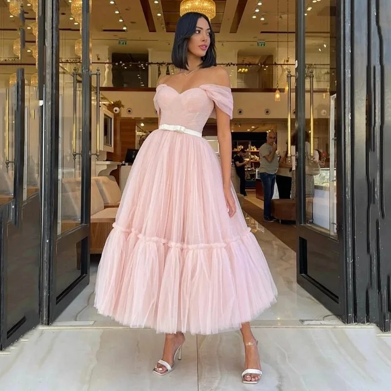 

ANGELSBRIDEP Pink Off-Shoulder Prom Dress Formal Party Gala Pleat Tiered Tulle Vestidos De Festa Sexy Sweetheart Bow Belt Corset