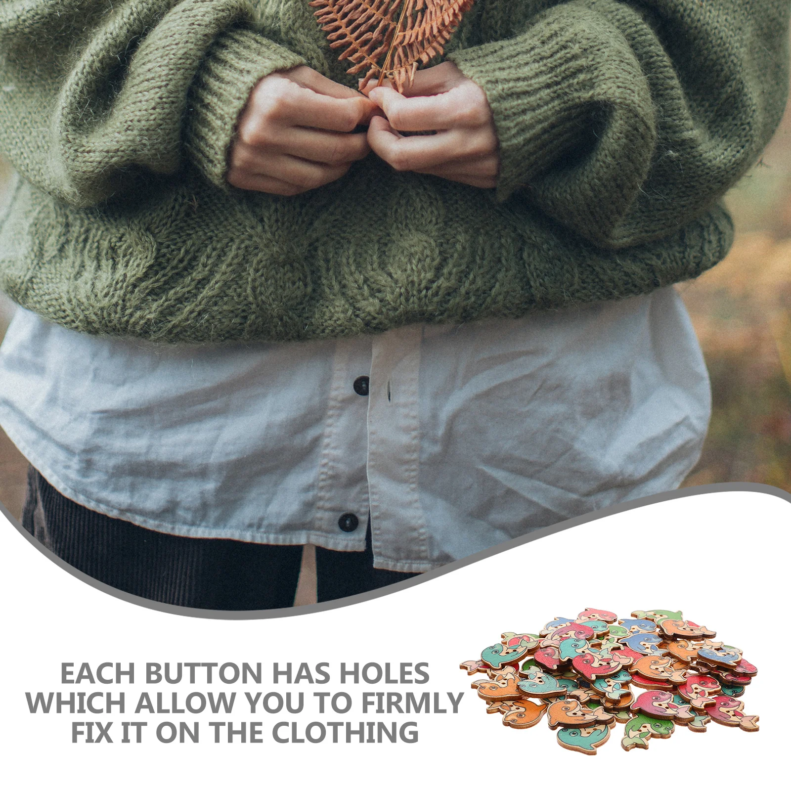 

100Pcs Colorful Dolphin Shape Wooden Buttons Multi-Purpose Sewing Accessories for Suits Coats Sweaters DIY Craft Supplies