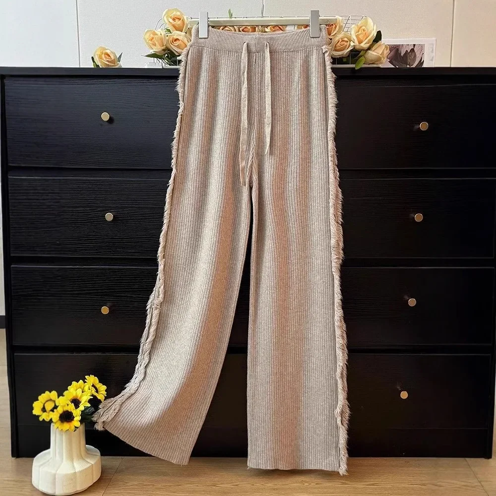 Casual gebreide broek met wijde pijpen Dames hoge taille Drapey losse rechte vloerlengte broek met gerafelde randen Design Sensation