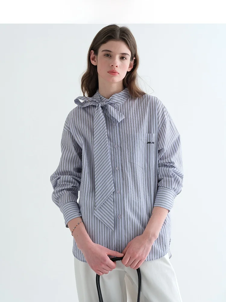 

Синяя полосатая рубашка с вышивкой, женская, свободного кроя, повседневная, весенний дизайн, с узлом, из чистого хлопка, с длинными рукавами, на пуговицах