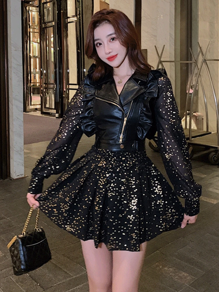 Fashion Korean 2 Piece Outfit Women Y2K Chic Casual Sexy Zipper Vest Tank Coat Sparkly Gold Print Mini Dress Slim Party Club Set